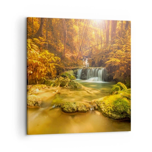 Tablou pe pânză - Cascadă de pădure în aur - 50x50 cm