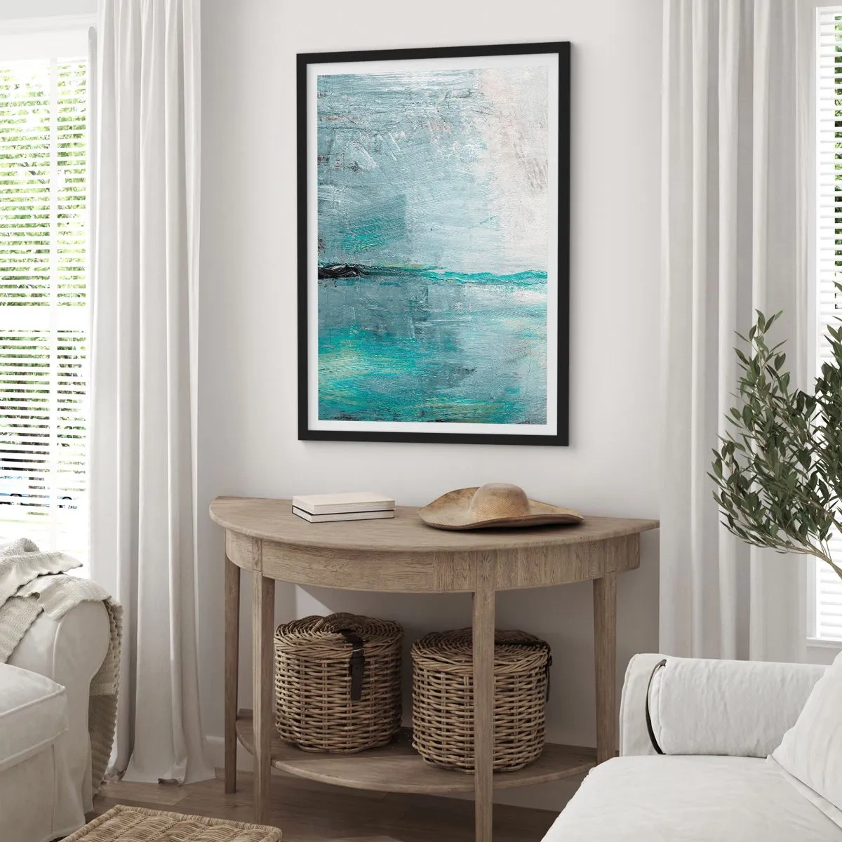 Poster în ramă neagră - Peisaj abstract în nuanțe de albastru și gri - 50x70cm - Orizontal în albastru - Decorațiune modernă pentru perete pentru living și dormitor ARTTOR