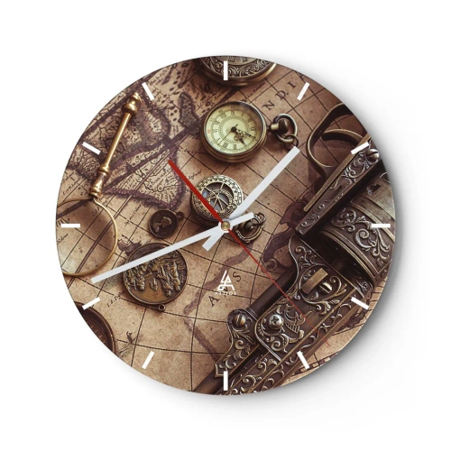 Ceas de perete - Ceas pe sticlă - O hartă stilizată cu busolă, monede și arme ornamentate. - 30x30cm - Sugestii de aventură - Decorațiune modernă pentru perete pentru living, bucătărie și dormitor ARTTOR