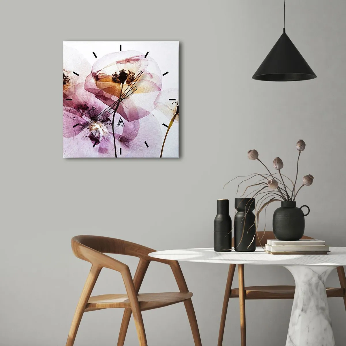 Ceas de perete - Ceas pe sticlă - Corp de flori transparente - 40x40 cm