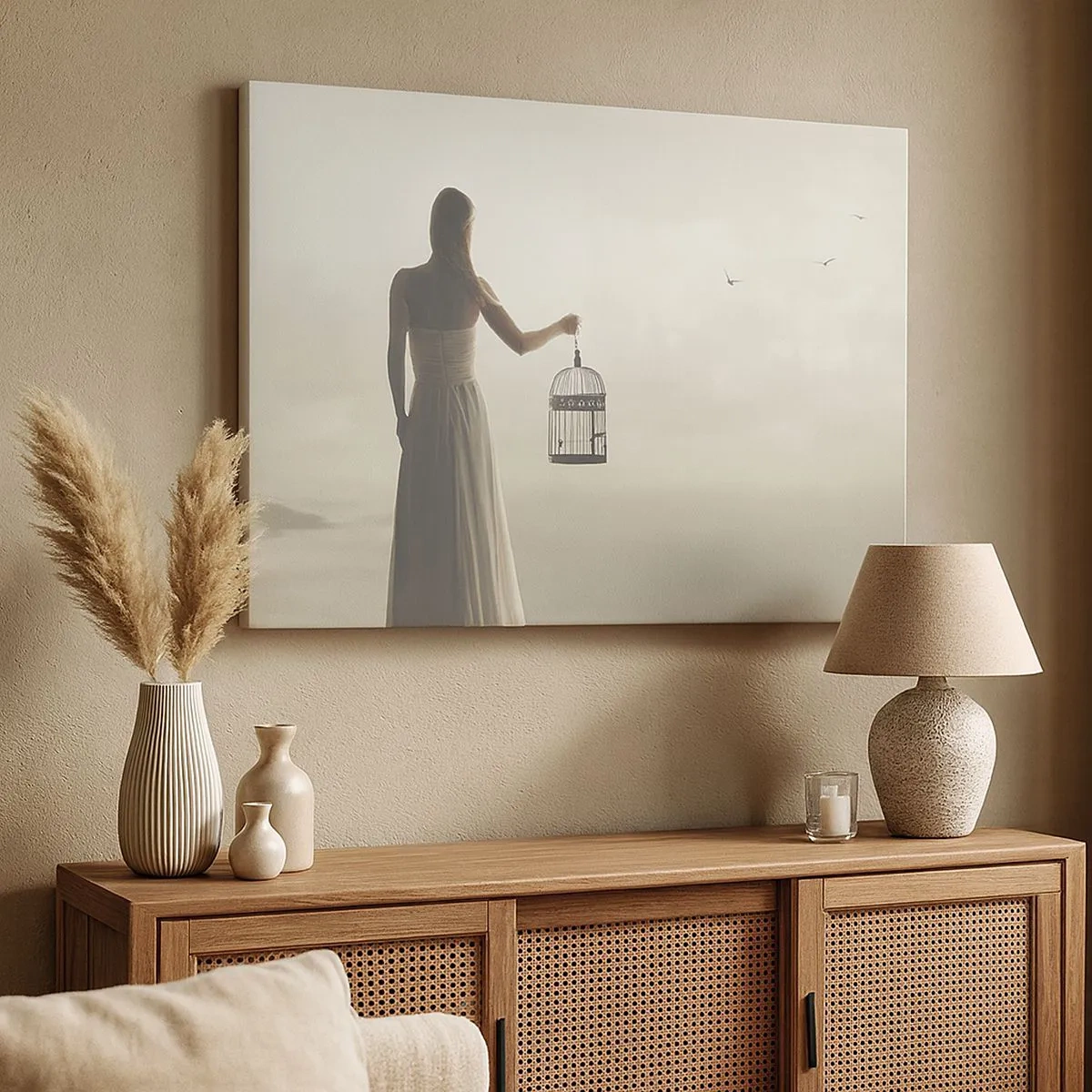 Tablou pe pânză Canvas - O femeie cu o cușcă pe un cer calm - 70x50cm - Fii liberă - Decorațiune modernă pentru perete pentru living și dormitor ARTTOR