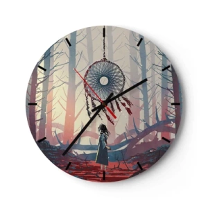 Ceas de perete - Ceas pe sticlă - O figură în pădure privind un captator de vise într-o lumină misterioasă. - 30x30cm - Ritualul secret al fericirii - Decorațiune modernă pentru perete pentru living, bucătărie și dormitor ARTTOR