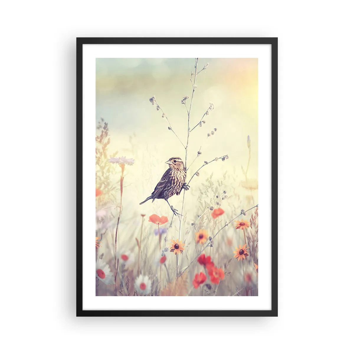 Poster în ramă neagră - O pasăre într-o pajiște în culori pastelate delicate - 50x70cm - Portret de pasăre cu o pajiște în fundal - Decorațiune modernă pentru perete pentru living și dormitor ARTTOR