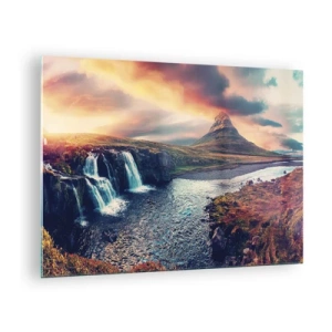 Tablou pe sticlă - Cascadă și munte la apus în peisajul islandez - 70x50cm - În măreția naturii - Decorațiune modernă pentru perete pentru living și dormitor ARTTOR