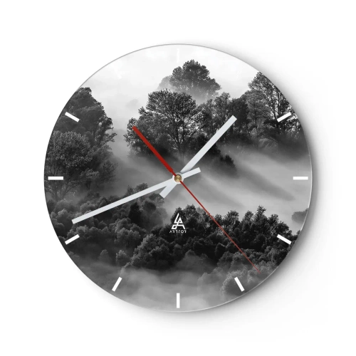 Ceas de perete - Ceas pe sticlă - Peisaj montan alb-negru cu ceață în pădure - 30x30cm - Trezindu-se din somn - Decorațiune modernă pentru perete pentru living, bucătărie și dormitor ARTTOR