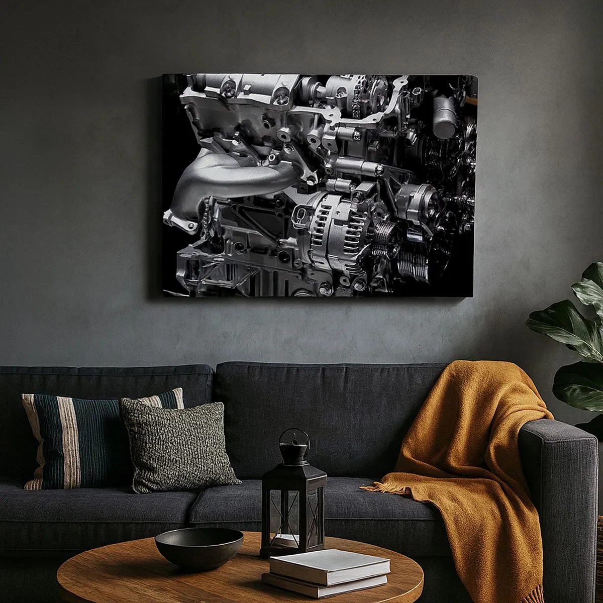 Tablou pe pânză Canvas - Prim-plan al pieselor metalice ale motorului pe fundal negru - 70x50cm - De oțel, frumos, puternic - Decorațiune modernă pentru perete pentru living și dormitor ARTTOR