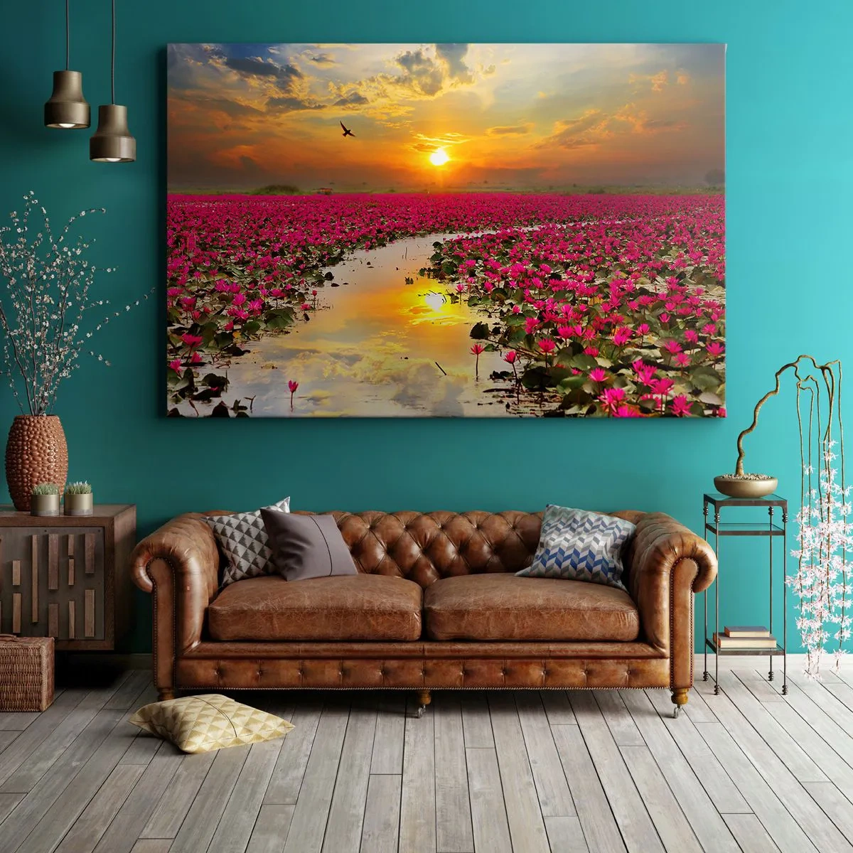 Tablou pe pânză Canvas - Un câmp de nuferi roz la apus - 70x50cm - Viața secretă a lacului - Decorațiune modernă pentru perete pentru living și dormitor ARTTOR