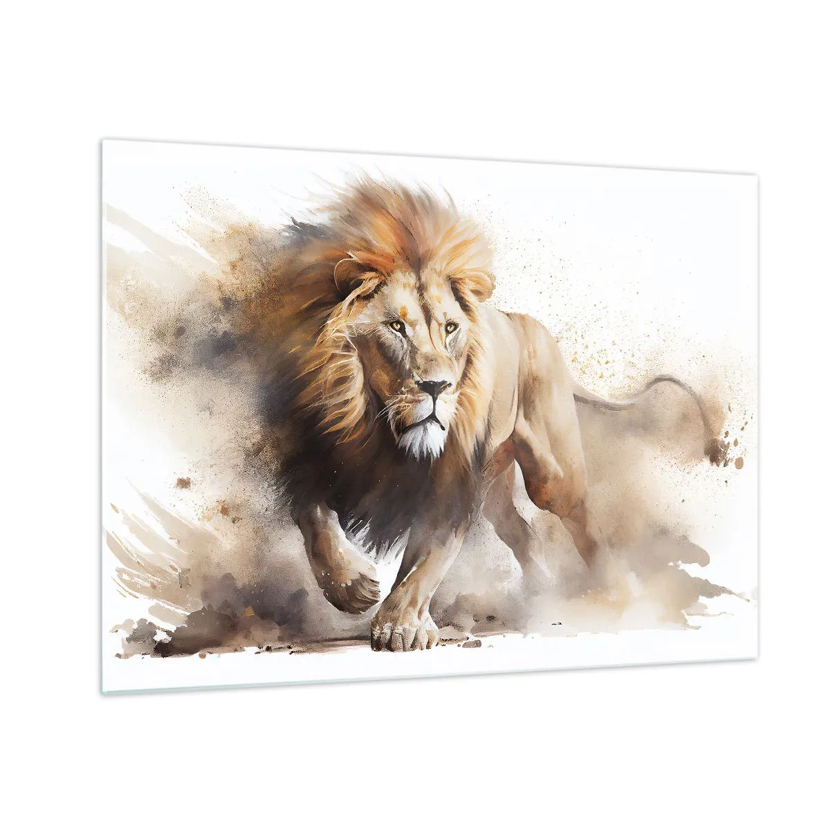 Tablou pe sticlă - O fotografie dinamică în stil acuarelă a unui leu alergând - 70x50cm - Regele se mișcă  - Decorațiune modernă pentru perete pentru living și dormitor ARTTOR