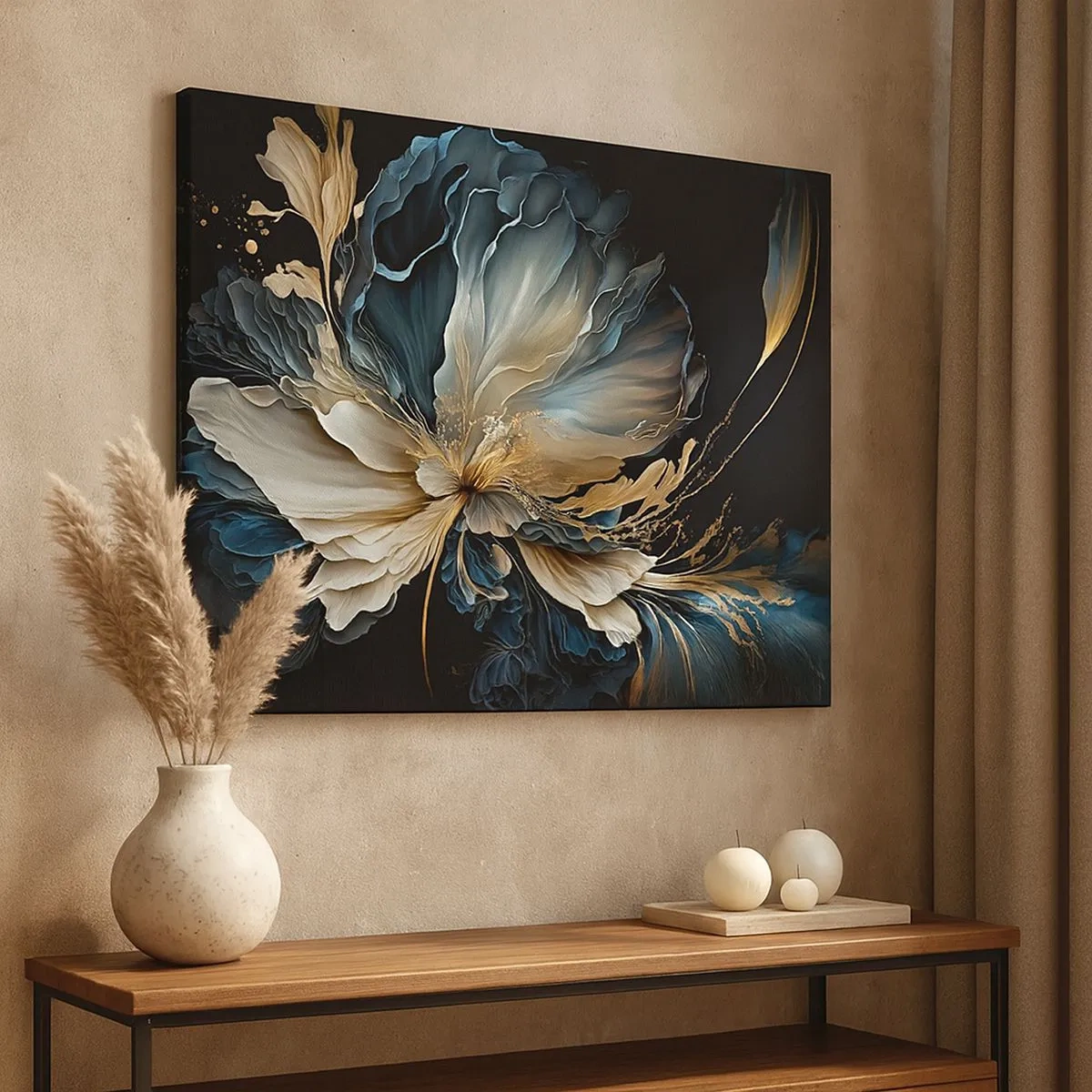 Tablou pe pânză Canvas - O floare în nuanțe de auriu și albastru marin pe fundal negru - 70x50cm - Povestea unei flori de iubire - Decorațiune modernă pentru perete pentru living și dormitor ARTTOR