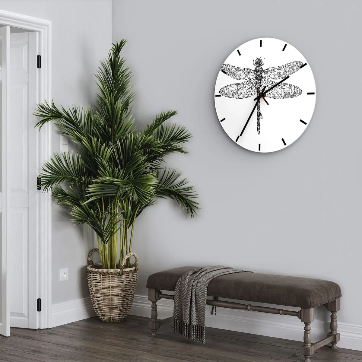 Ceas de perete - Ceas pe sticlă - Ilustrație detaliată a unei libelule în negru pe fundal alb - 30x30cm - Precizia naturii - Decorațiune modernă pentru perete pentru living, bucătărie și dormitor ARTTOR