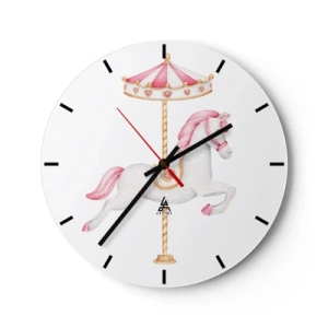 Ceas de perete - Ceas pe sticlă - Un cal de carusel alb cu o șa roz pe un fundal alb - 30x30cm - A pornit la cursă - Decorațiune modernă pentru perete pentru living, bucătărie și dormitor ARTTOR