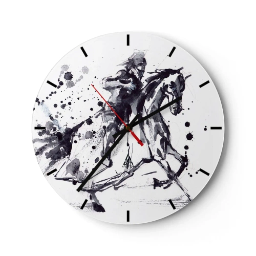 Ceas de perete - Ceas pe sticlă - Călăreț în acuarelă alb-negru - 30x30cm - Cavalerul negru - Decorațiune modernă pentru perete pentru living, bucătărie și dormitor ARTTOR
