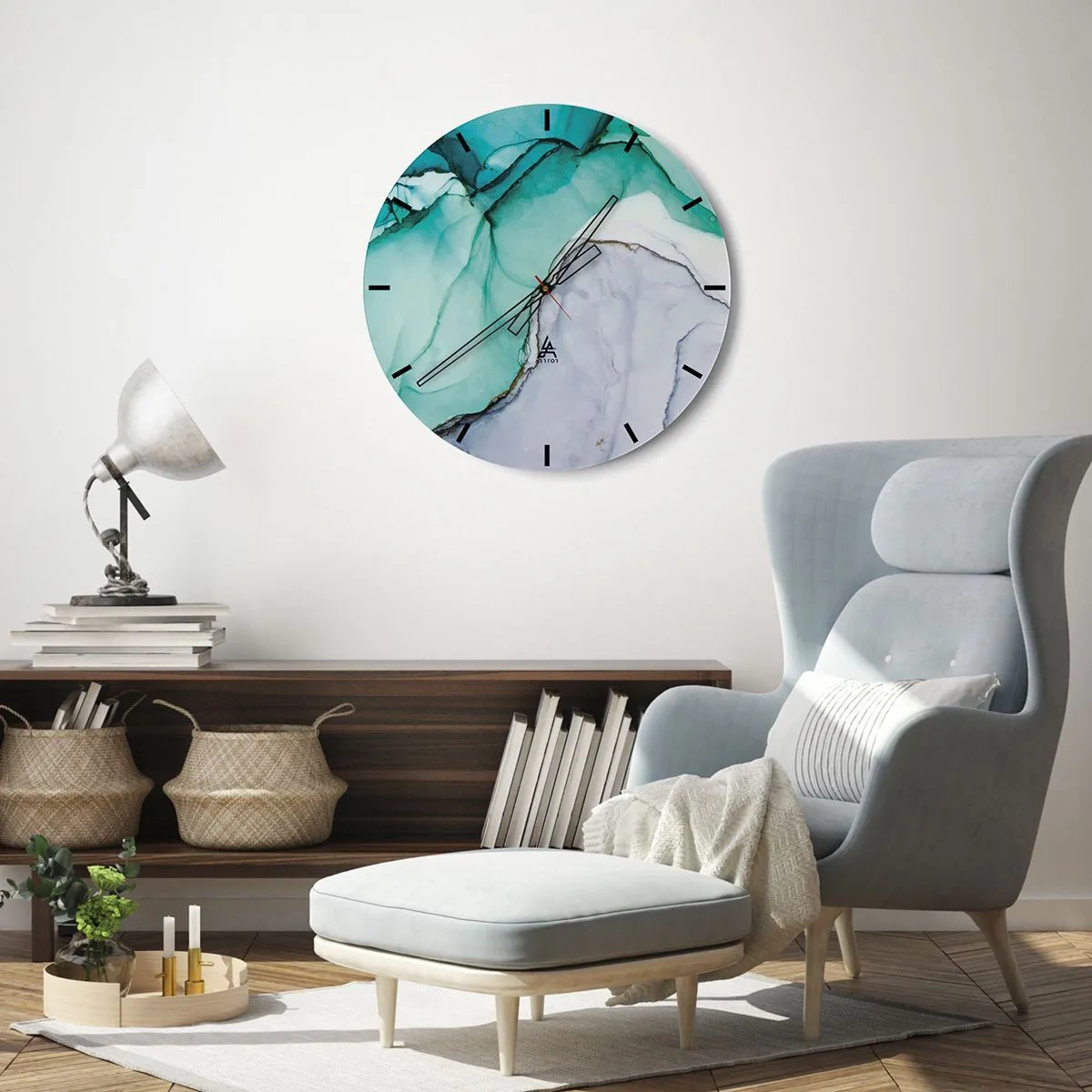Ceas de perete - Ceas pe sticlă - O formă abstractă în turcoaz și gri, care seamănă cu piatra. - 30x30cm - Studiu în turcoaz - Decorațiune modernă pentru perete pentru living, bucătărie și dormitor ARTTOR