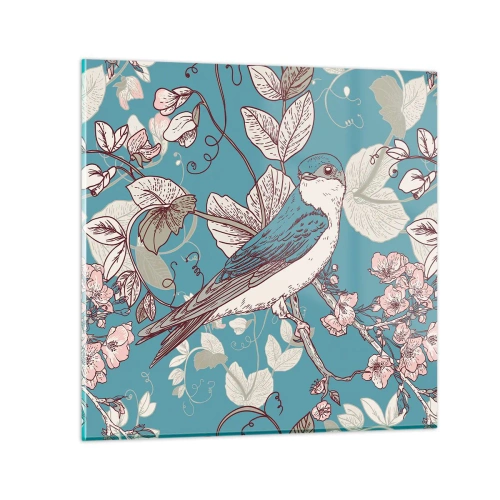 Tablou pe sticlă - Ciripit în florile albe - 30x30 cm