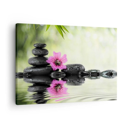 Tablou pe pânză Canvas - Pietre Zen și o floare roz reflectată în apă - 70x50cm - Timp pentru suflet - Decorațiune modernă pentru perete pentru living și dormitor ARTTOR