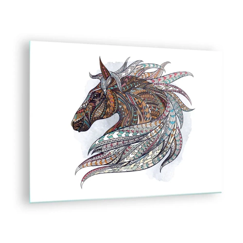 Tablou pe sticlă - Cal colorat într-un stil artistic cu modele geometrice - 70x50cm - Armăsarul războinicului celtic - Decorațiune modernă pentru perete pentru living și dormitor ARTTOR
