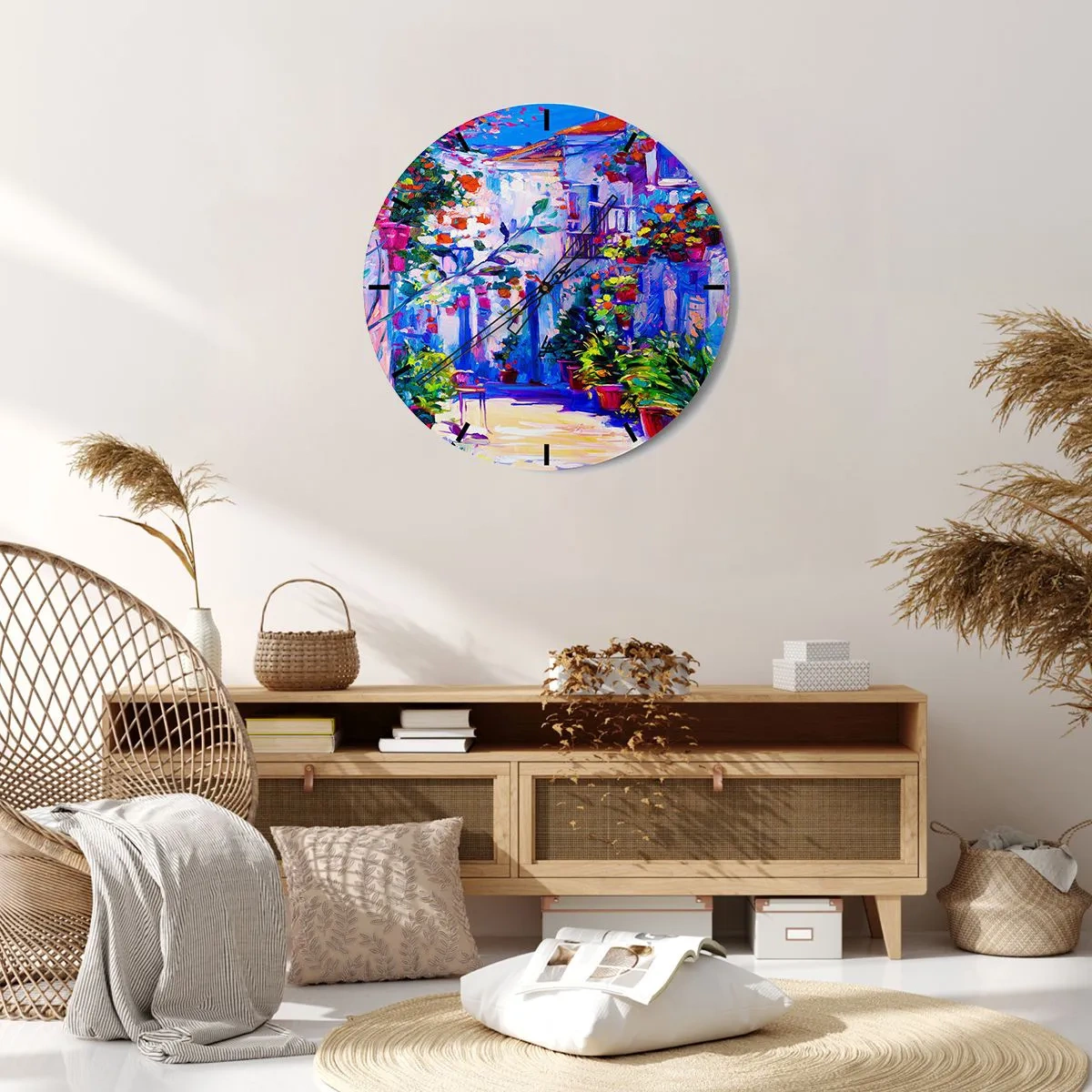 Ceas de perete - Ceas pe sticlă - O terasă fermecătoare plină de flori în culori intense - 30x30cm - Impresie - străduță italiană - Decorațiune modernă pentru perete pentru living, bucătărie și dormitor ARTTOR