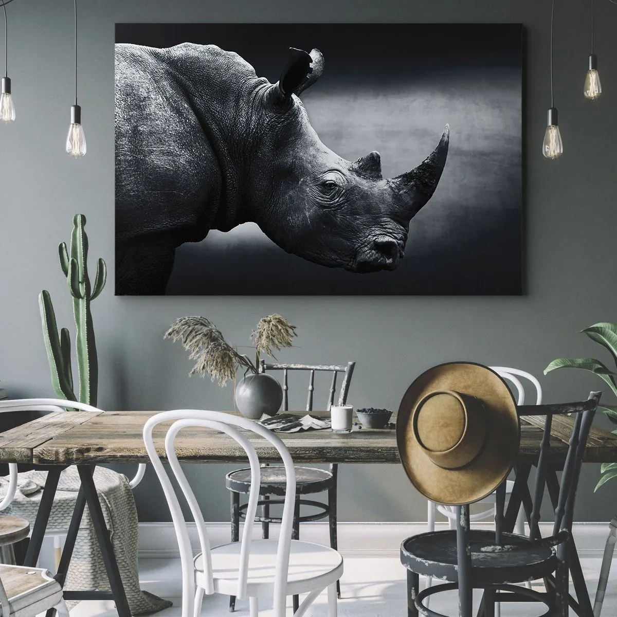 Tablou pe pânză Canvas - Portret alb-negru al unui rinocer pe un fundal întunecat - 70x50cm - Profil drept - Decorațiune modernă pentru perete pentru living și dormitor ARTTOR