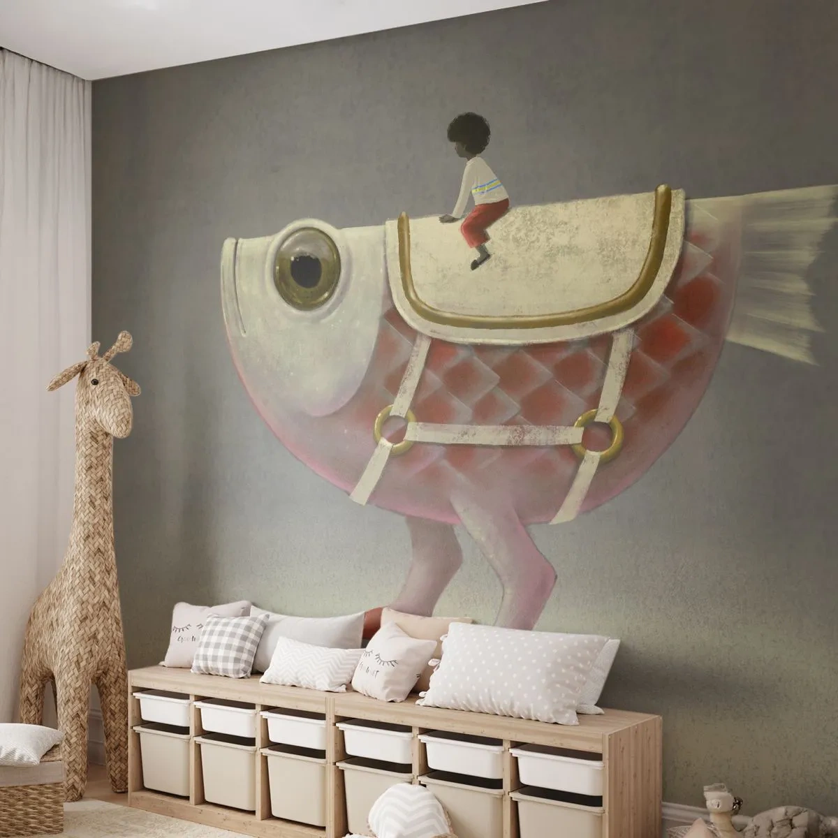 Tapet Premium Sand - Călărețul Pescărel - Abstracția, Peşte, Pentru copii - 350x256 cm