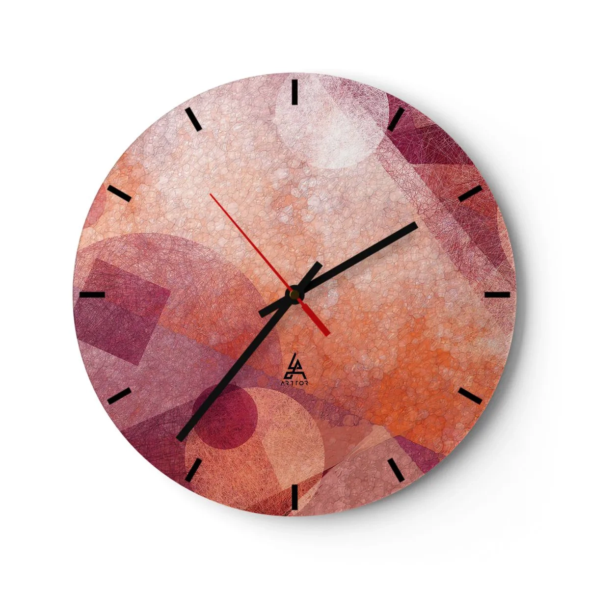 Ceas de perete - Ceas pe sticlă - Modele geometrice în nuanțe de roz și portocaliu - 30x30cm - Transformări geometrice în roz - Decorațiune modernă pentru perete pentru living, bucătărie și dormitor ARTTOR