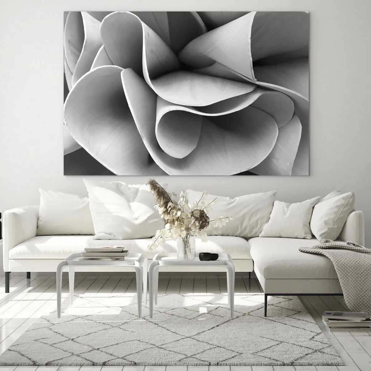 Tablou pe sticlă - Prim-plan alb-negru al formelor spiralate abstracte - 70x50cm - Se întâmplă în spațiu - Decorațiune modernă pentru perete pentru living și dormitor ARTTOR