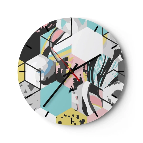 Ceas de perete - Ceas pe sticlă - Hexagone abstracte în culori pastelate - 30x30cm - Hexagoane și cuburi în șase culori - Decorațiune modernă pentru perete pentru living, bucătărie și dormitor ARTTOR