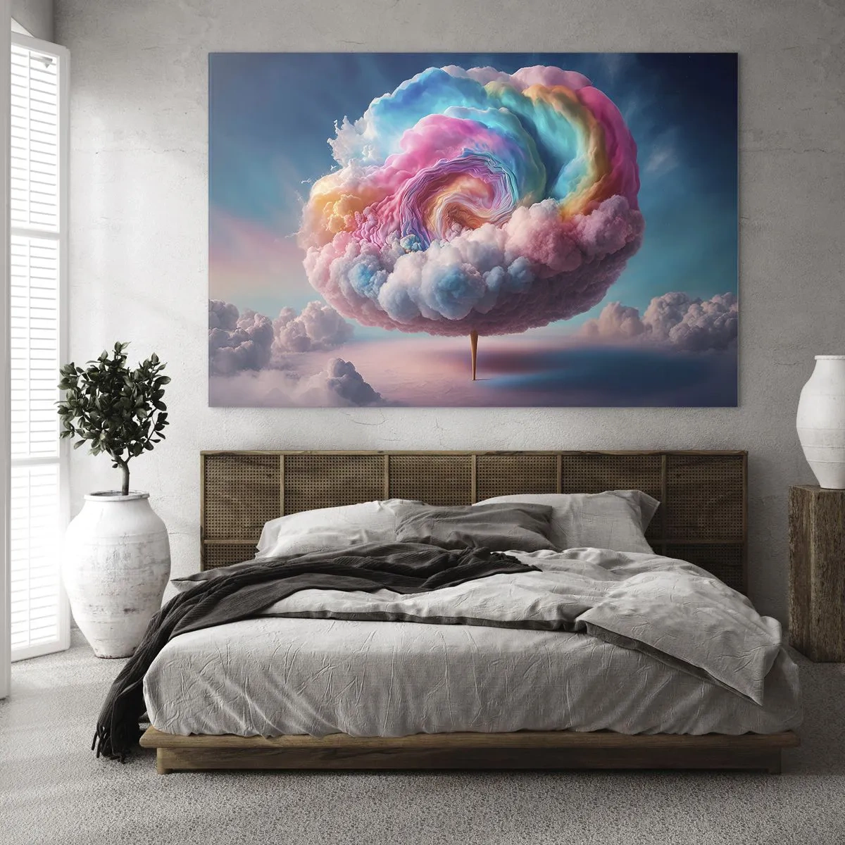 Tablou pe sticlă - Un nor fantezist în culori pastelate, care seamănă cu vata de zahăr. - 70x50cm - Visul unui parc de distracții - Decorațiune modernă pentru perete pentru living și dormitor ARTTOR