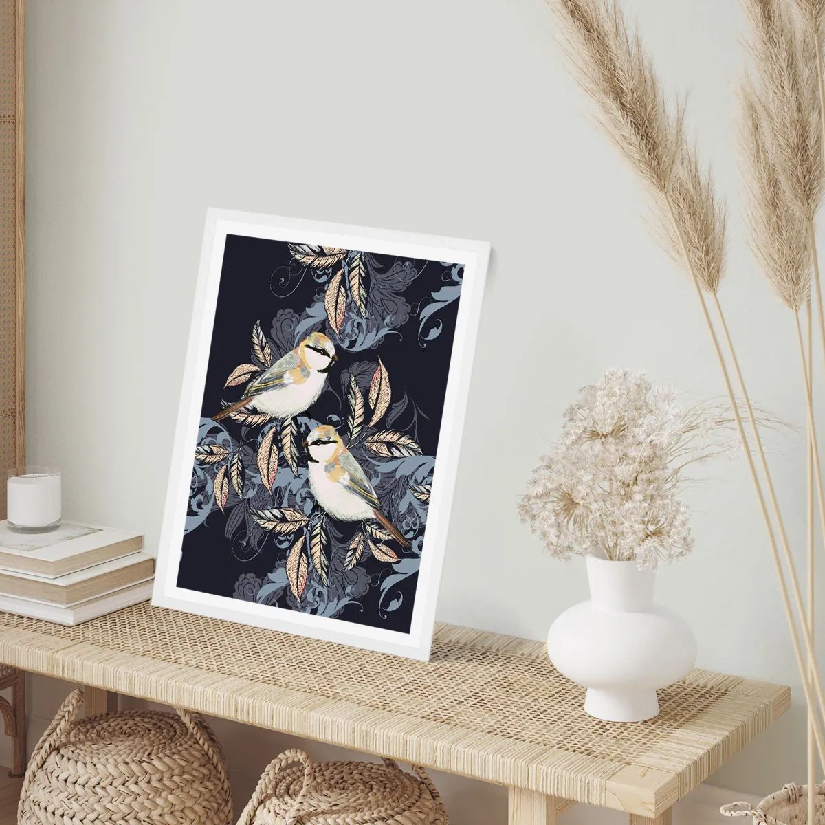 Poster în ramă albă - Ciripirile galben-albastru - 30x40 cm