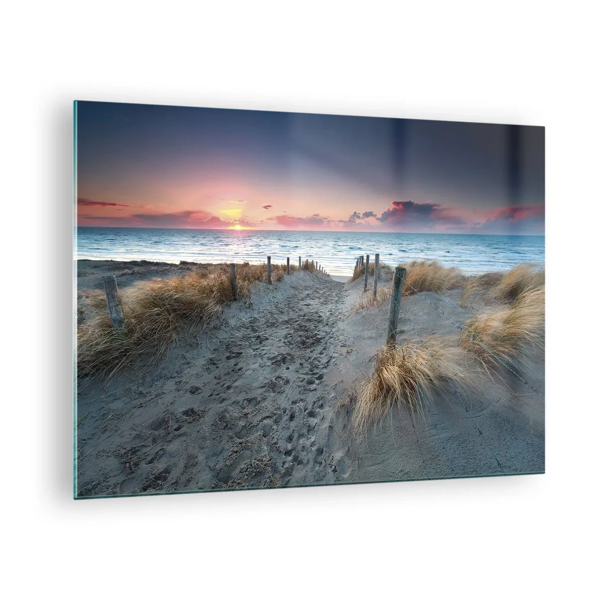 Tablou pe sticlă - Cale prin dune care duce la mare la apus - 70x50cm - Ai revărsat un curcubeu cu splendoare radiantă... - Decorațiune modernă pentru perete pentru living și dormitor ARTTOR