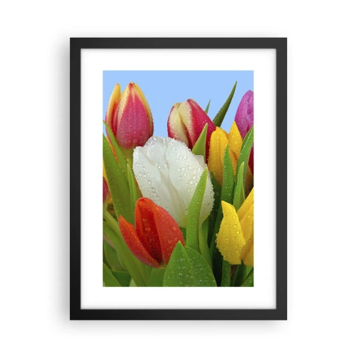 Poster în ramă neagră - Un curcubeu floral în picături de rouă - 30x40 cm