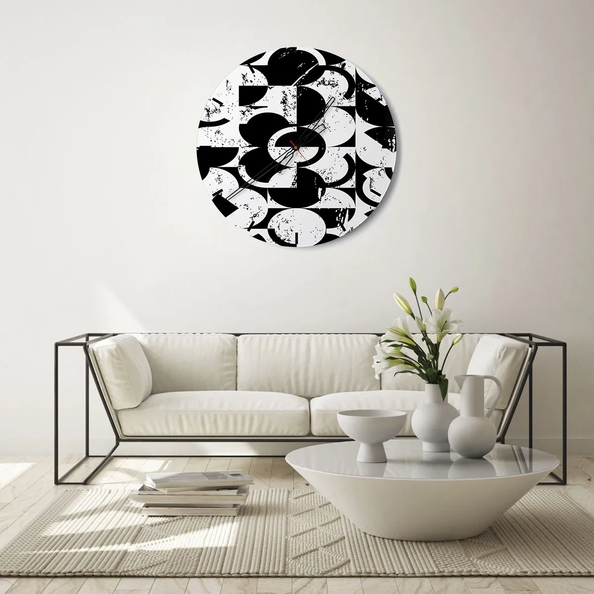 Ceas de perete - Ceas pe sticlă - Un model geometric alb-negru cu caracter artistic - 30x30cm - Albul e alb și negrul e negru - Decorațiune modernă pentru perete pentru living, bucătărie și dormitor ARTTOR