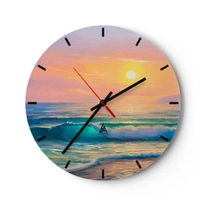 Ceas de perete - Ceas pe sticlă - Un apus de soare pitoresc peste un ocean calm - 30x30cm - Cântecul turcoaz al valurilor - Decorațiune modernă pentru perete pentru living, bucătărie și dormitor ARTTOR
