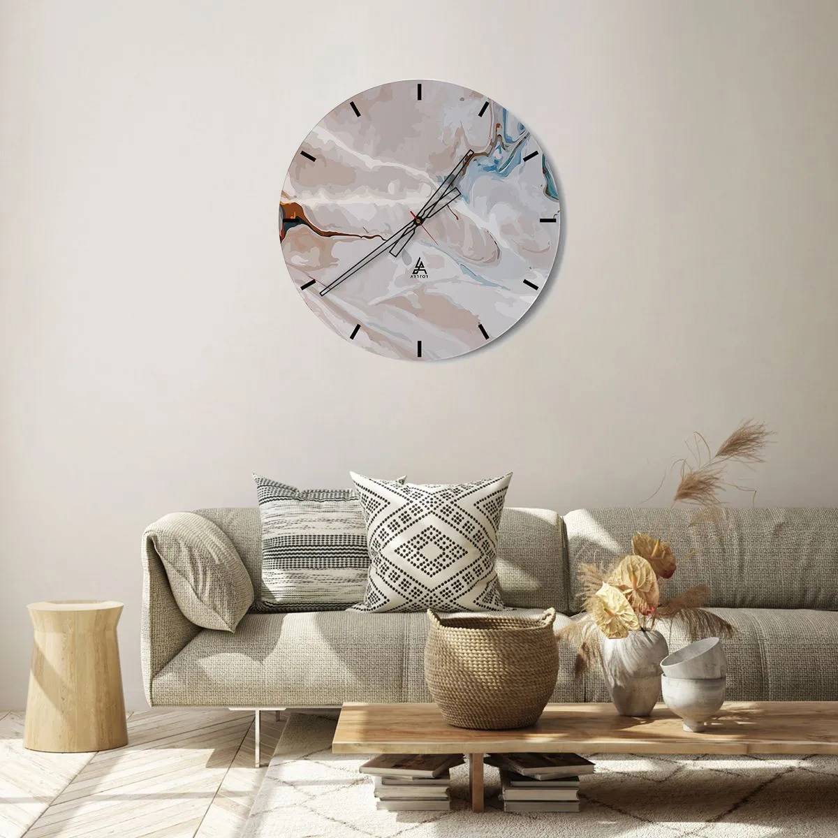 Ceas de perete - Ceas pe sticlă - Un model abstract cu nuanțe de albastru și maro pe un fundal deschis. - 30x30cm - Meandre albastre sub alb - Decorațiune modernă pentru perete pentru living, bucătărie și dormitor ARTTOR