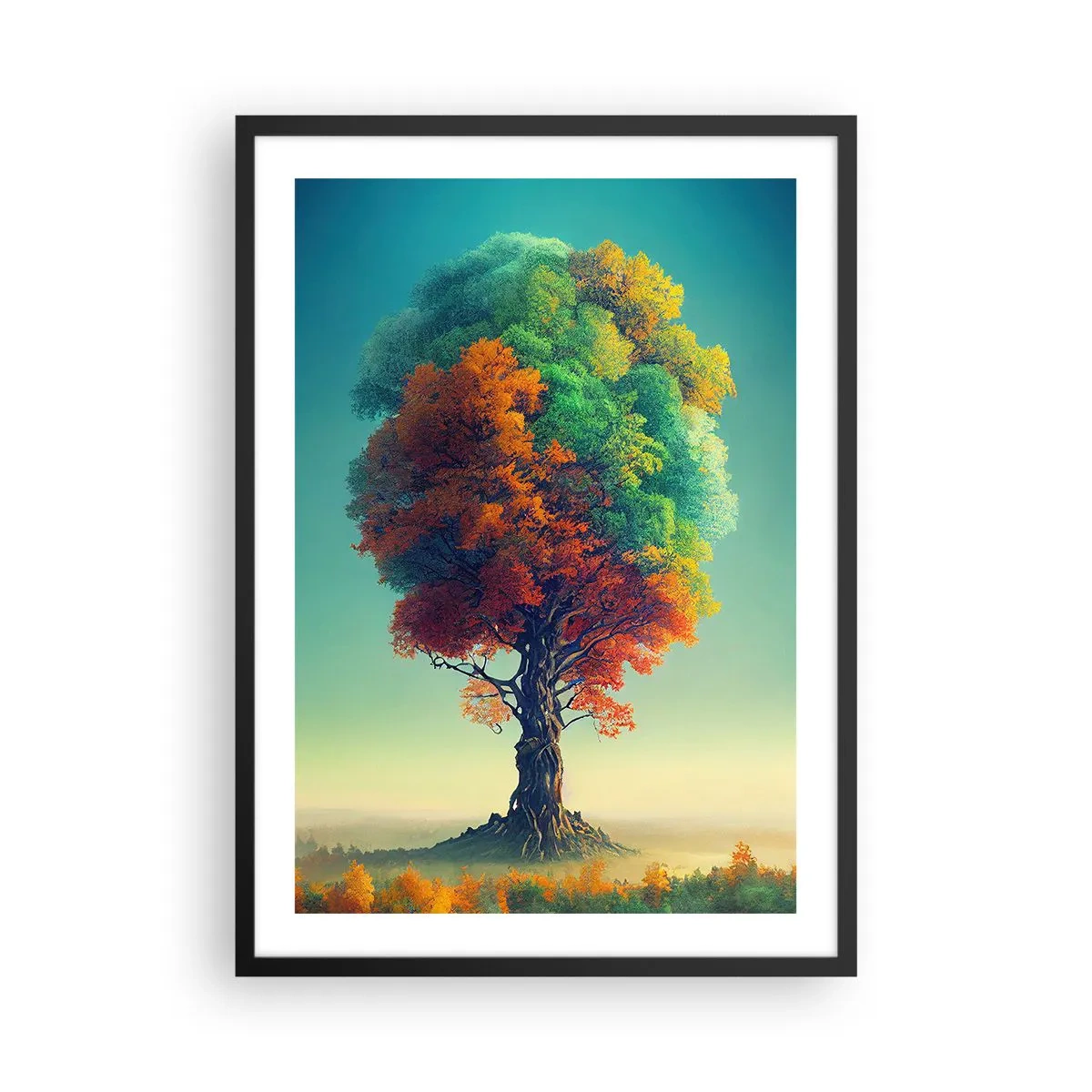 Poster în ramă neagră - Un copac în culorile celor patru anotimpuri - 50x70cm - Stejarul - părintele naturii - Decorațiune modernă pentru perete pentru living și dormitor ARTTOR