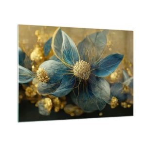 Tablou pe sticlă - Flori albastre și aurii cu o notă de lux - 70x50cm - Floare cu aur - Decorațiune modernă pentru perete pentru living și dormitor ARTTOR