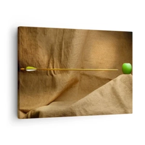 Tablou pe pânză Canvas - Măr verde pe material textil cu o săgeată care creează o compoziție - 70x50cm - Invocă spiritul lui William Tell - Decorațiune modernă pentru perete pentru living și dormitor ARTTOR