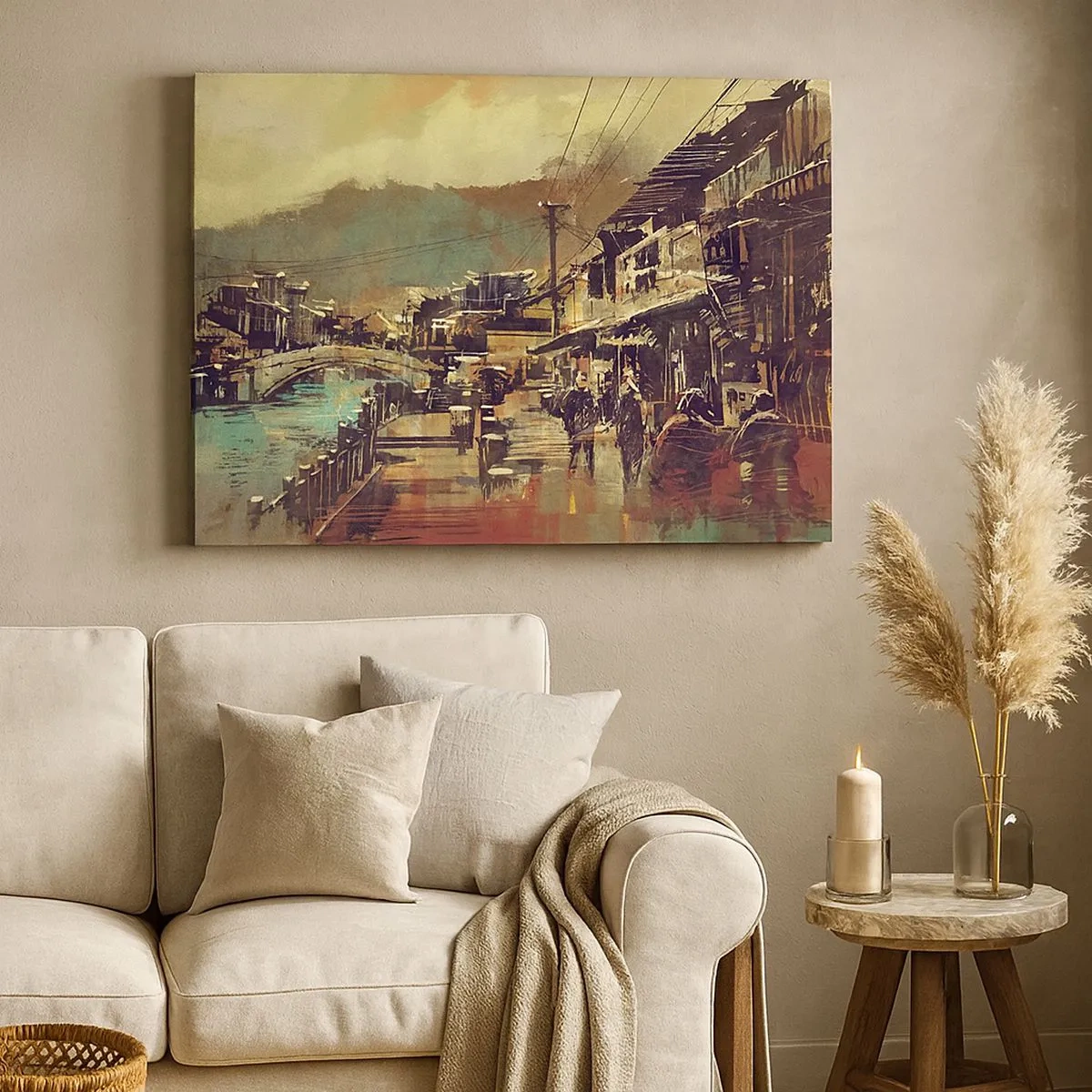 Tablou pe pânză Canvas - Un oraș cu un pod și străzi decorate artistic - 70x50cm - Viața ca o bogăție de gri - Decorațiune modernă pentru perete pentru living și dormitor ARTTOR