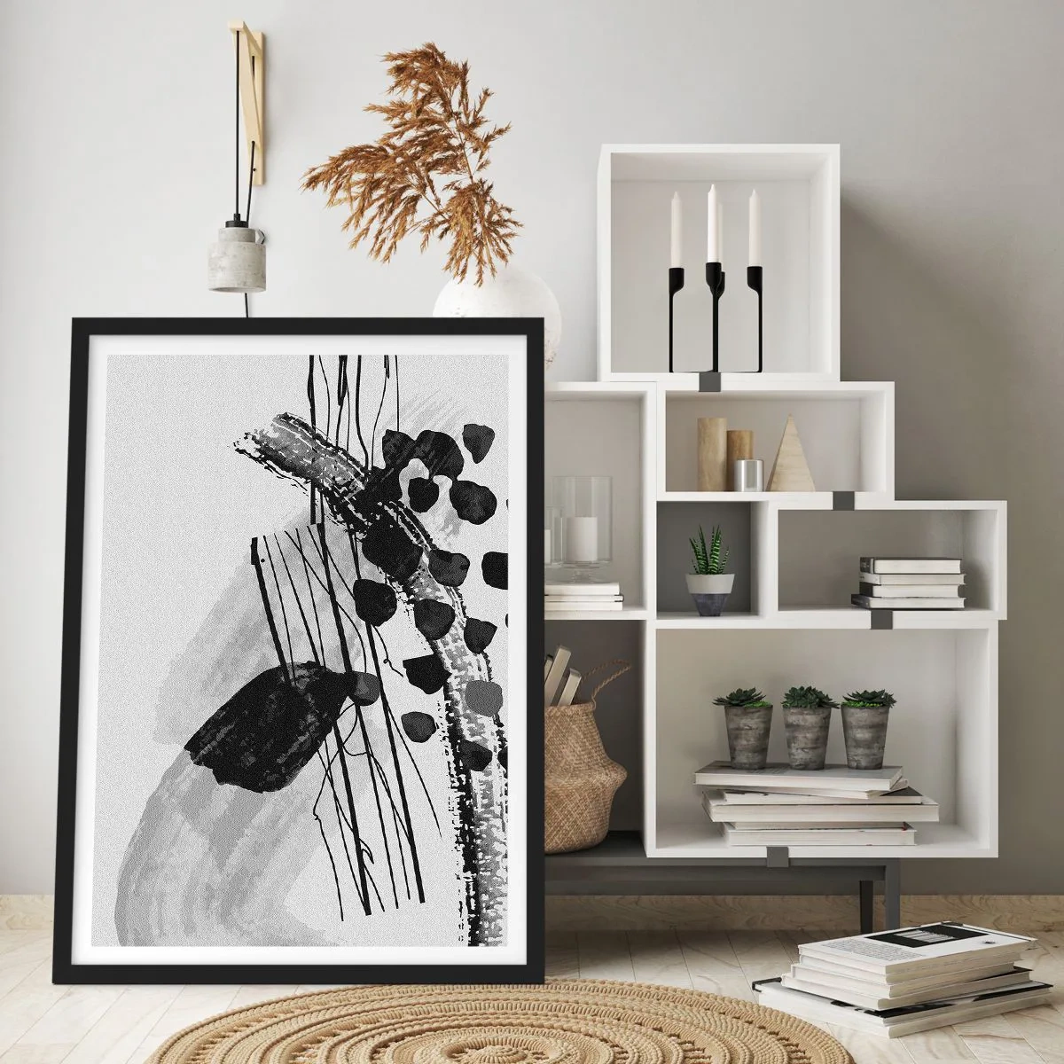 Poster în ramă neagră - Abstracție modernă în alb și negru cu linii dinamice - 50x70cm - Abstracție organică în negru și alb - Decorațiune modernă pentru perete pentru living și dormitor ARTTOR