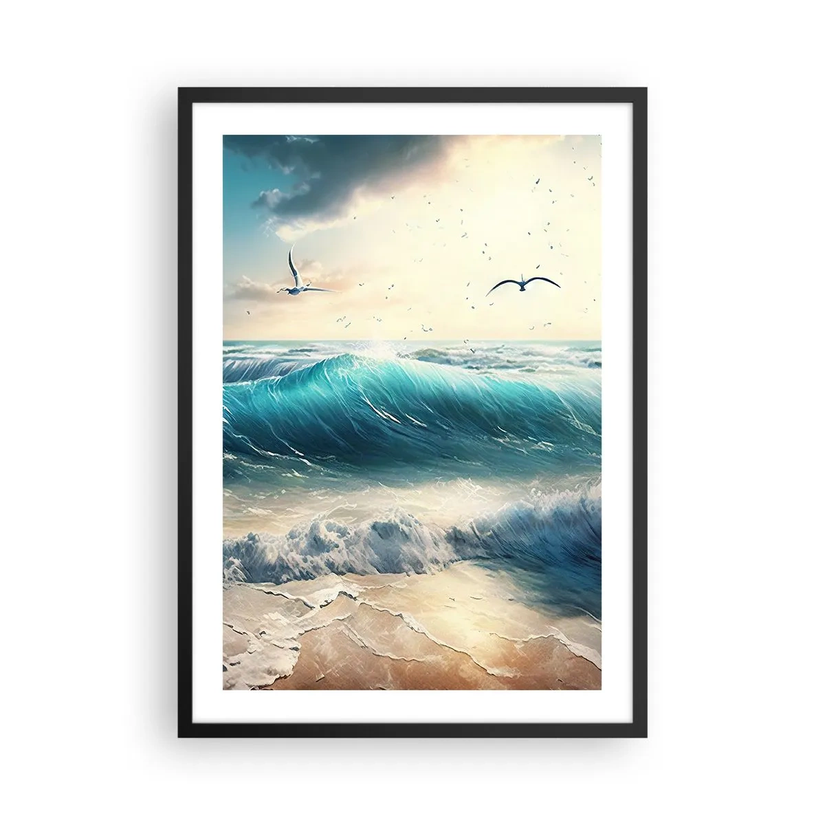 Poster în ramă neagră - Valuri turcoaz care se izbesc de țărm - 50x70cm - Sunetul valurilor doar pentru tine - Decorațiune modernă pentru perete pentru living și dormitor ARTTOR