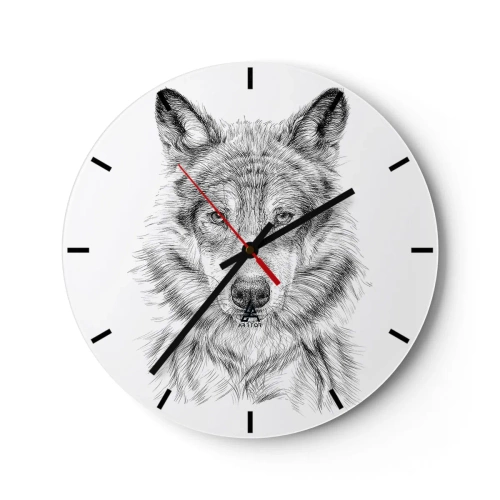 Ceas de perete - Ceas pe sticlă - Schiță alb-negru a unui cap de lup pe fundal alb - 30x30cm - Un lider înnăscut - Decorațiune modernă pentru perete pentru living, bucătărie și dormitor ARTTOR