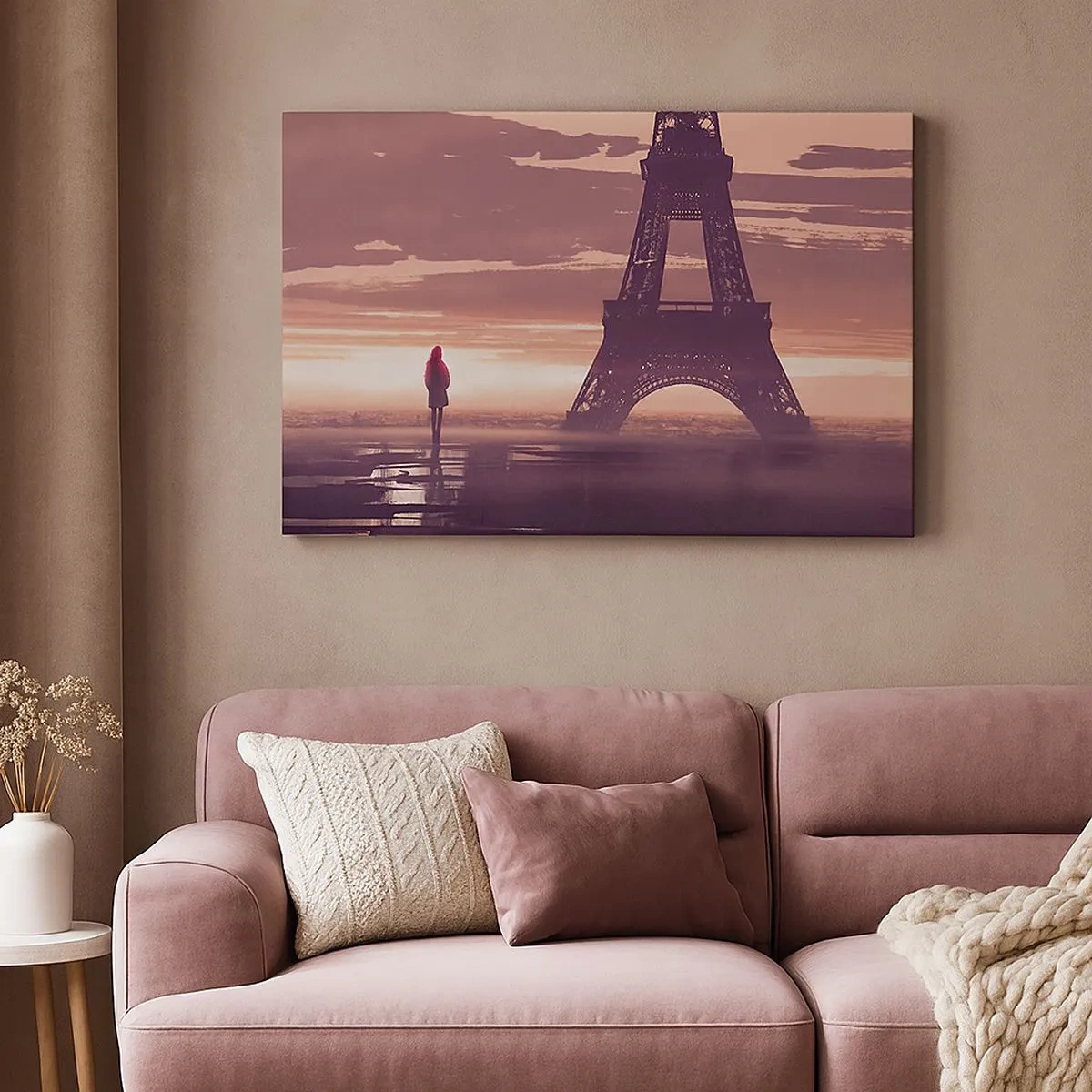 Tablou pe pânză Canvas - O figură privind Turnul Eiffel în lumina soarelui care apune - 70x50cm - Doar ele două - Decorațiune modernă pentru perete pentru living și dormitor ARTTOR