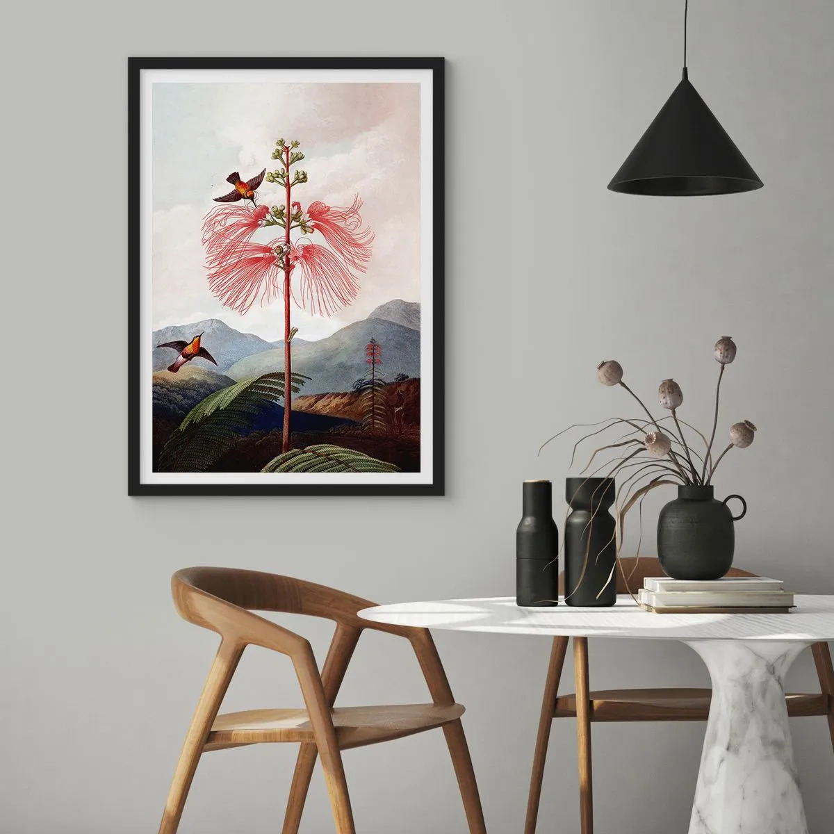 Poster în ramă neagră - Floare exotică cu colibri printre munți - 50x70cm - Într-un paradis tropical - Decorațiune modernă pentru perete pentru living și dormitor ARTTOR