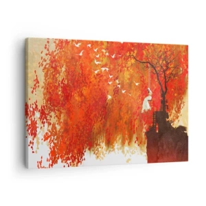 Tablou pe pânză Canvas - O figură pe un leagăn lângă un copac înconjurată de frunze roșii - 70x50cm - Va zbura cu ei? - Decorațiune modernă pentru perete pentru living și dormitor ARTTOR