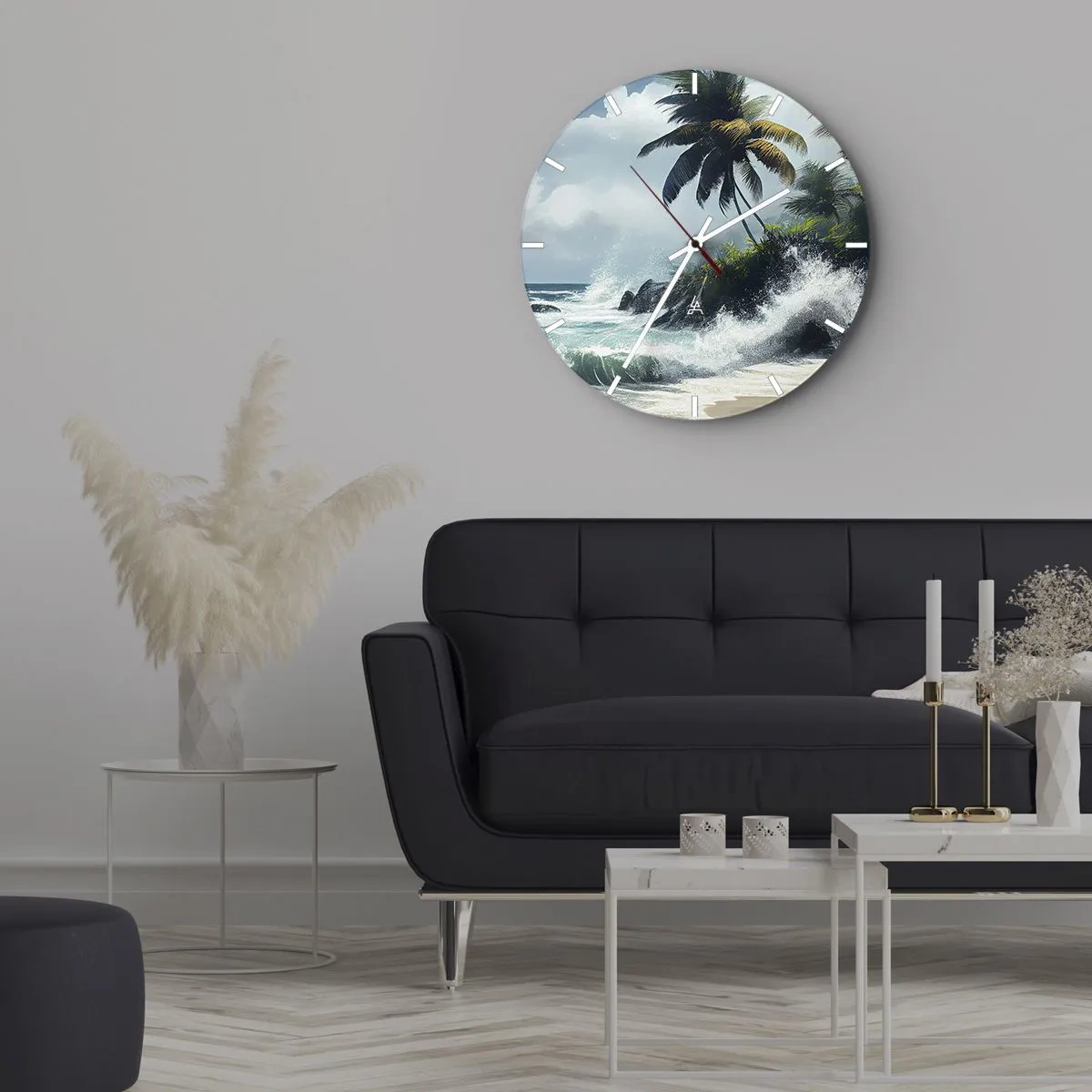 Ceas de perete - Ceas pe sticlă - Plajă tropicală cu palmieri și valuri oceanice care se sparg - 30x30cm - Pe un țărm tropical - Decorațiune modernă pentru perete pentru living, bucătărie și dormitor ARTTOR