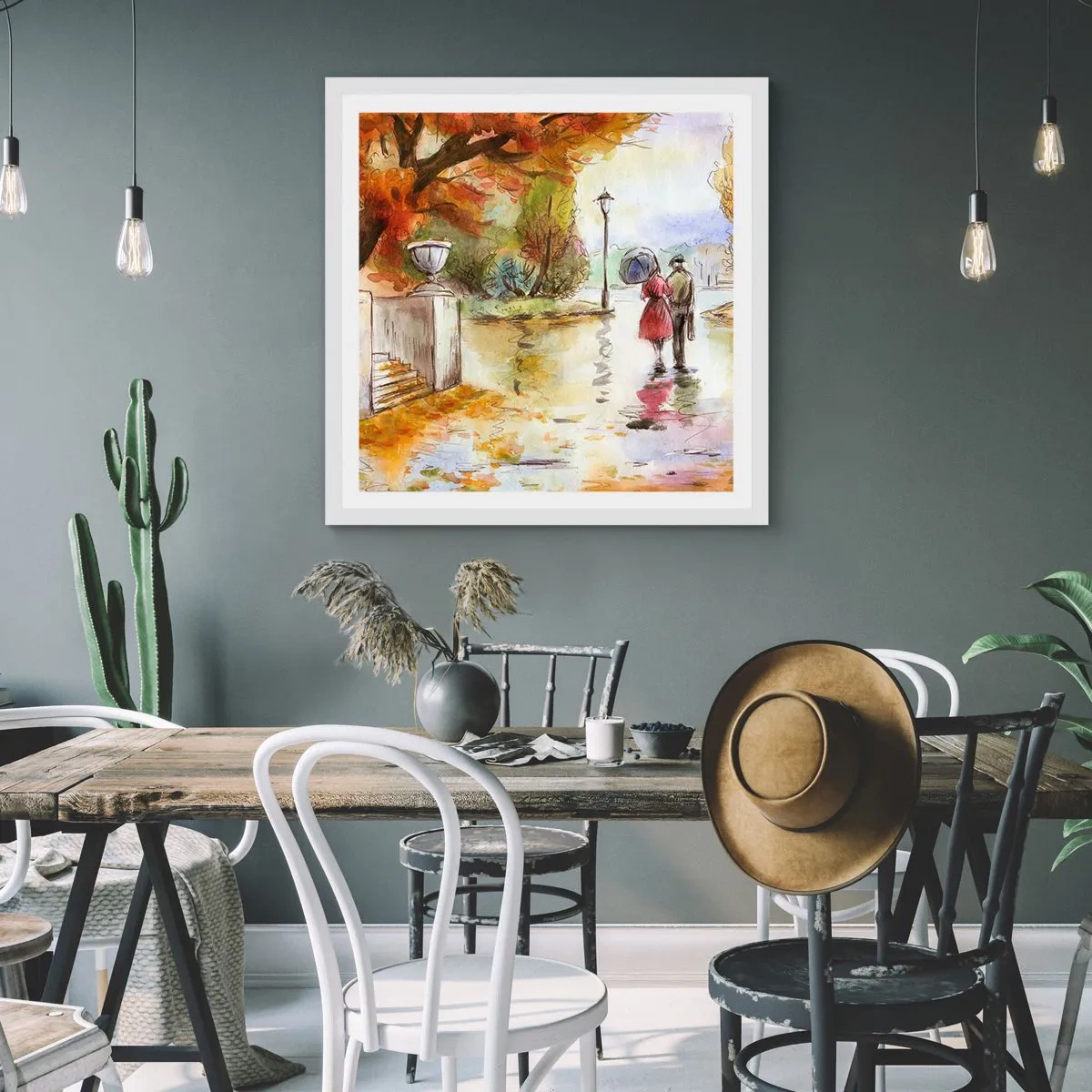 Poster în ramă albă - Toamnă romantică în parc - 40x40 cm