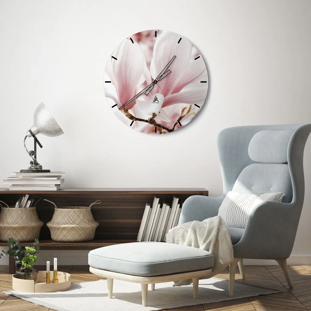 Ceas de perete - Ceas pe sticlă - Magnolii delicate în nuanțe de roz și alb - 30x30cm - Imensitatea sensibilității - Decorațiune modernă pentru perete pentru living, bucătărie și dormitor ARTTOR
