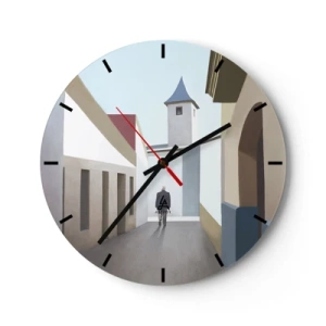 Ceas de perete - Ceas pe sticlă - O figură pe fundalul unei străzi de oraș, într-un decor luminos, geometric - 30x30cm - Plimbare însorită - Decorațiune modernă pentru perete pentru living, bucătărie și dormitor ARTTOR