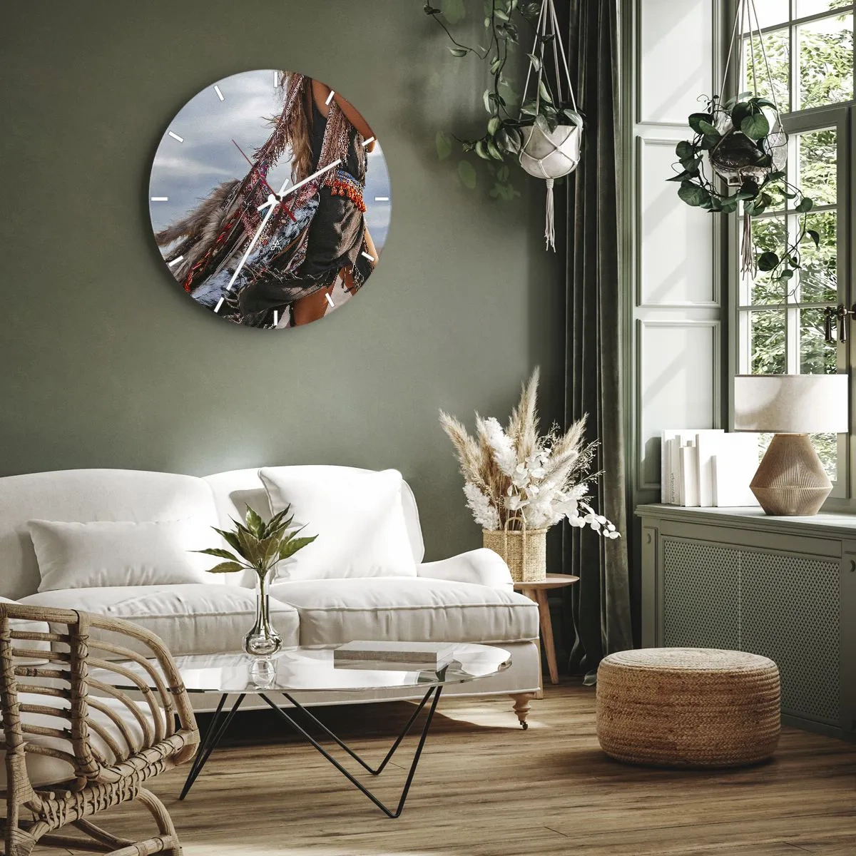 Ceas de perete - Ceas pe sticlă - Stil boho de plajă cu franjuri și ornamente - 30x30cm - Iubita șamanului - Decorațiune modernă pentru perete pentru living, bucătărie și dormitor ARTTOR