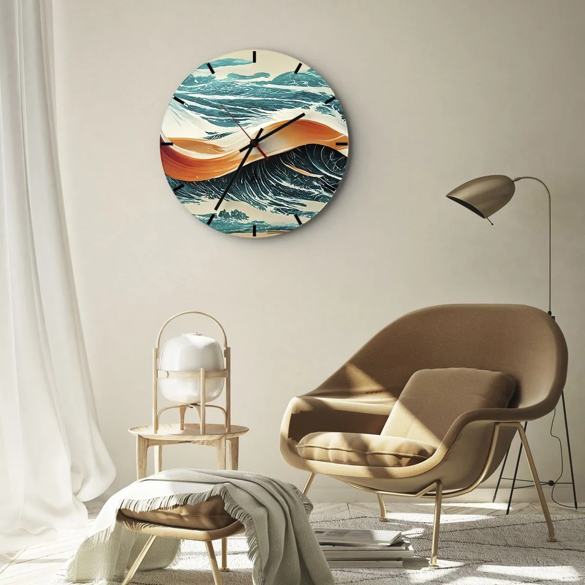 Ceas de perete - Ceas pe sticlă - Valuri ale mării cu o panglică portocalie într-o compoziție dinamică - 30x30cm - Visul unui surfer - Decorațiune modernă pentru perete pentru living, bucătărie și dormitor ARTTOR