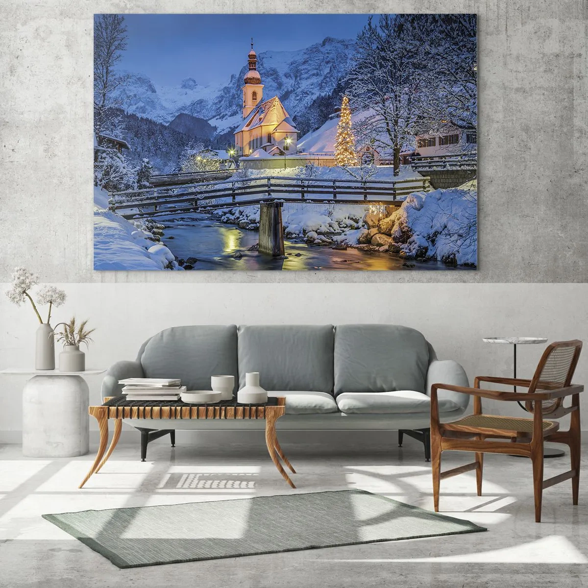 Tablou pe sticlă - Peisaj de Crăciun într-un cadru de iarnă - 70x50cm - Spiritul Crăciunului - Decorațiune modernă pentru perete pentru living și dormitor ARTTOR